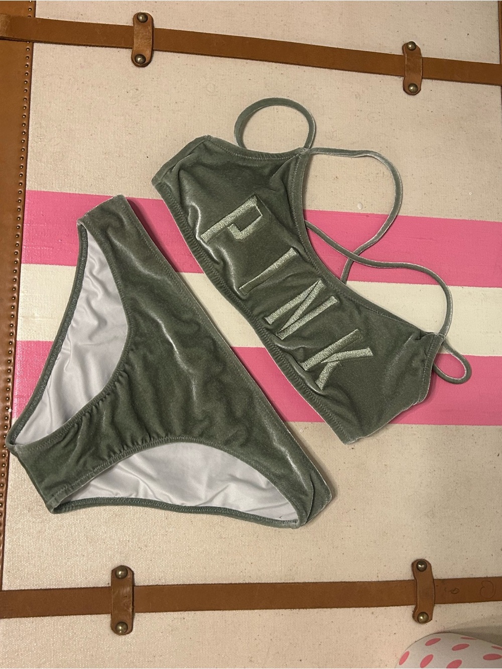 PINK Victoria's Secret Olive Green Velvet Bikini Set